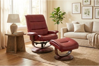 Modern Rouge Recliner and Ottoman Set with Curved Wood Base