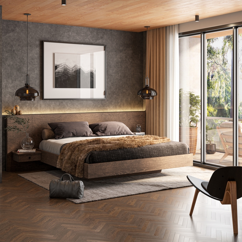 Modern Rustic Floating Platform Bed with Built-in Storage Drawers