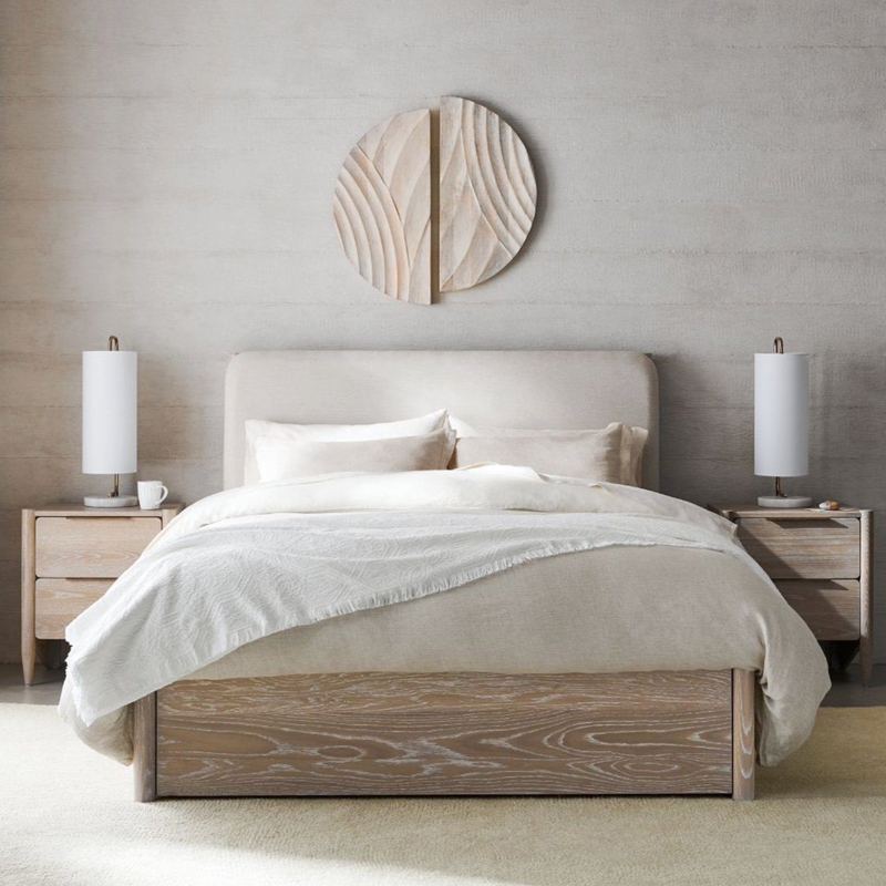 Modern Storage Bed White Oak Base Upholstered Headboard Minimalist Design