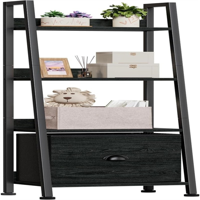 Modern Storage Rack Ladder Black Metal 4-Tier Wood Grain Drawer