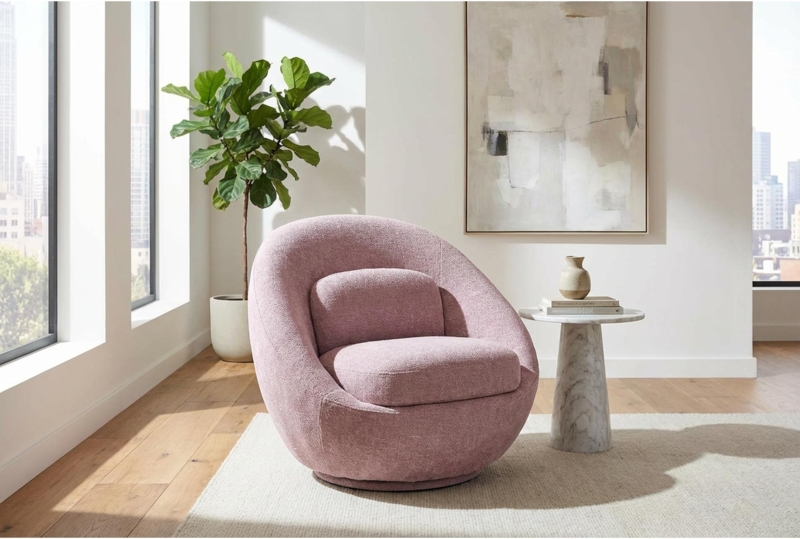 Modern Swivel Accent Chair: Dusty Boucle Curved Silhouette.