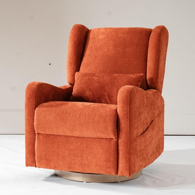 Modern Swivel Glider Recliner with Wingback Silhouette and Lumbar Pillow
