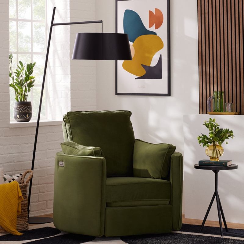 Modern Swivel Recliner Forest Green Velvet Track Arms Power Button