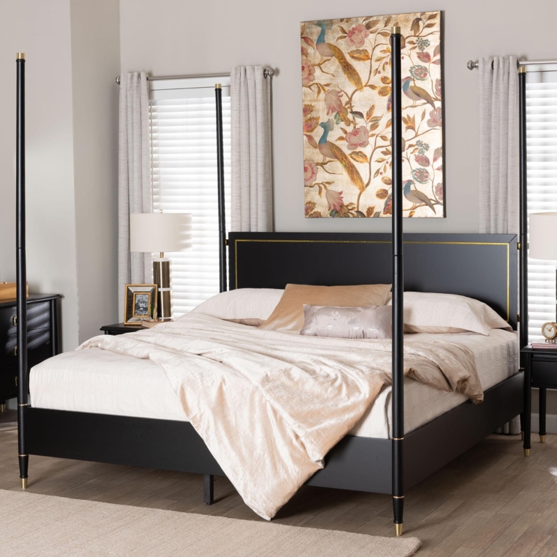 Modern Transitional Four Poster Bed with Gold Capped Posts and Trim