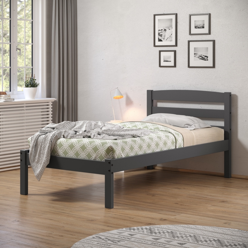 Modern Twin Bed Frame with Slatted Headboard and Exposed Hardware
