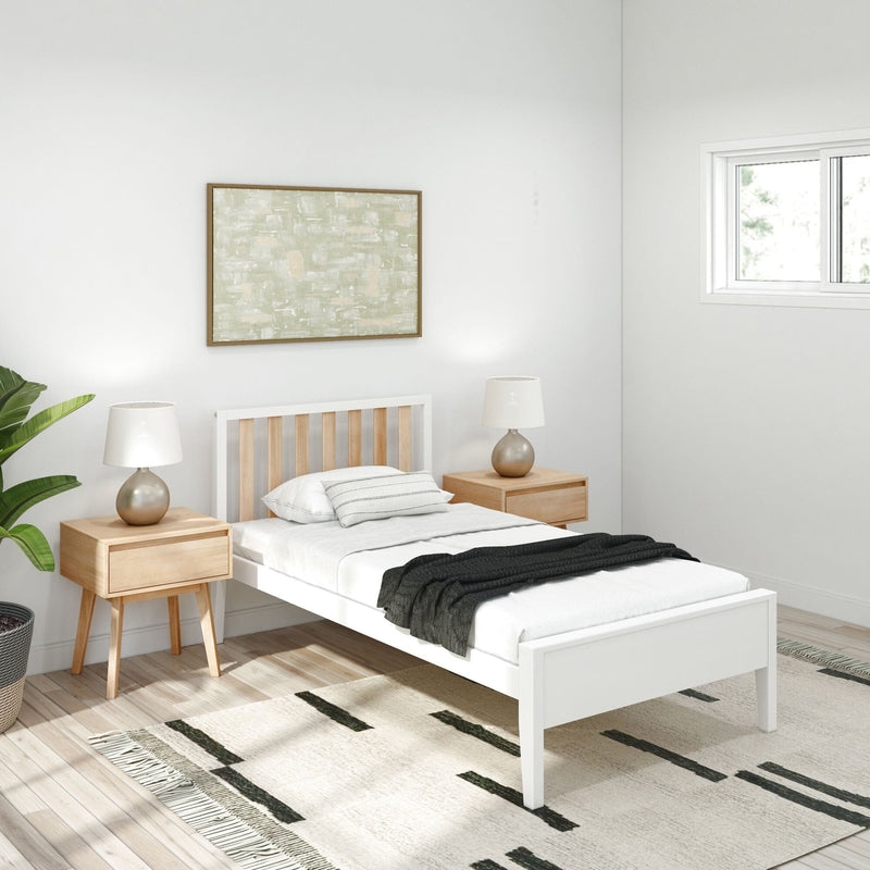 Modern Twin Bed White and Wood Slatted Headboard Scandinavian Style