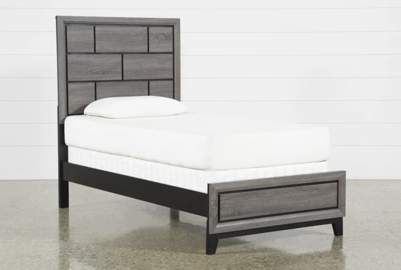 Modern Twin Panel Bed with Geometric Headboard and Black Tapered Legs