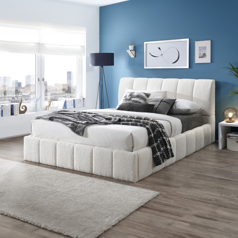 Modern Upholstered Bed White Boucle Vertical Channel Tufting