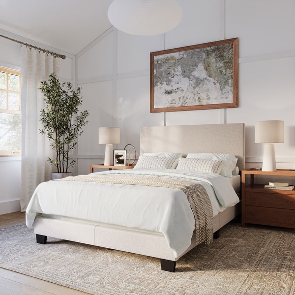 Modern Upholstered Bed with Linen-Like Fabric in Neutral Beige.