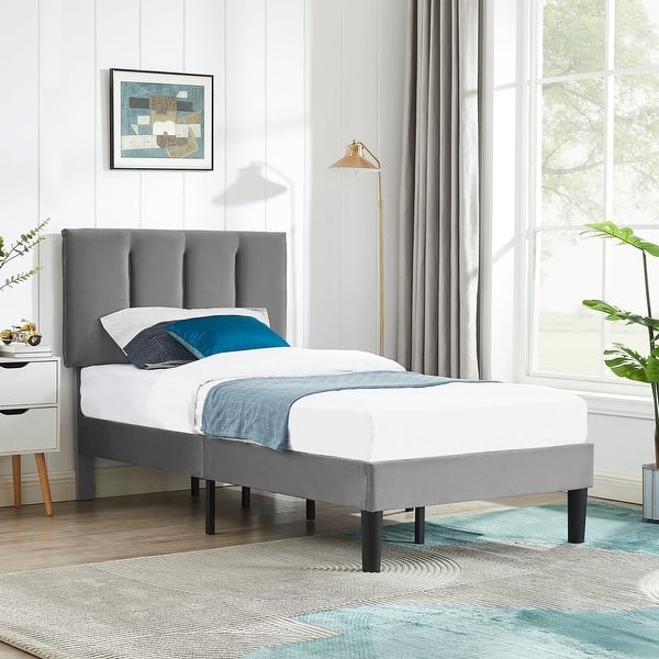 Modern Upholstered Platform Bed with Channeled Headboard and Tapered Legs