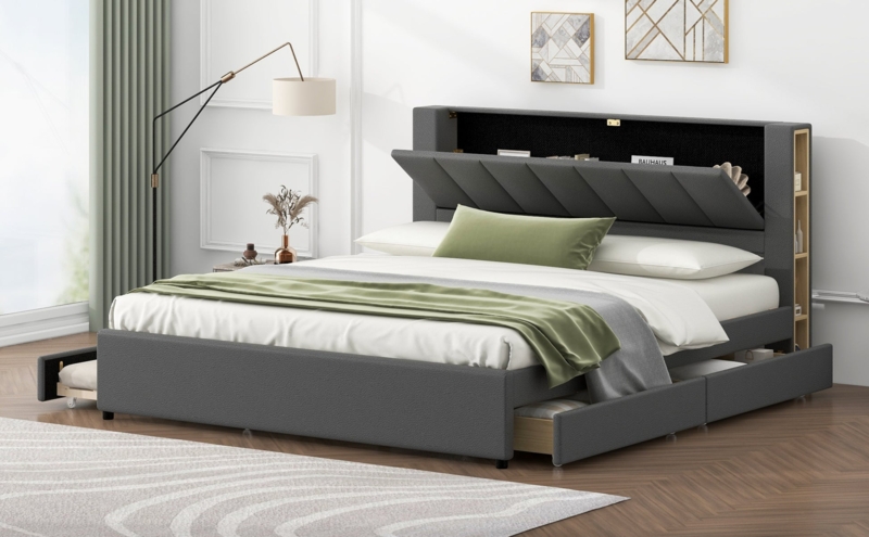 Modern Upholstered Storage Bed with Flip-Top Headboard and Integrated Shelving