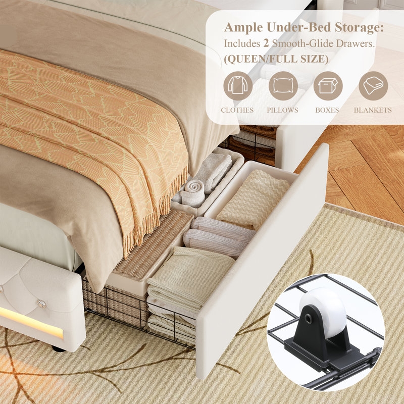 Modern Upholstered Storage Bed with Smooth Glide Wheels