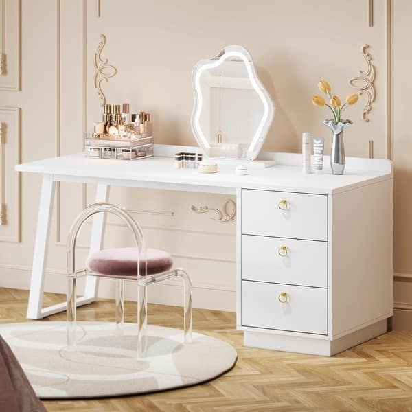 Modern Vanity Desk with Clear Acrylic Chair and Pink Seat