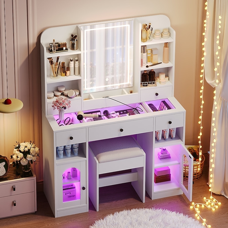 Modern Vanity Desk with RGB Glass Top and LED Mirror Shelves