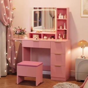 Modern Vanity Desk with Vertical Side Shelving and Drawers