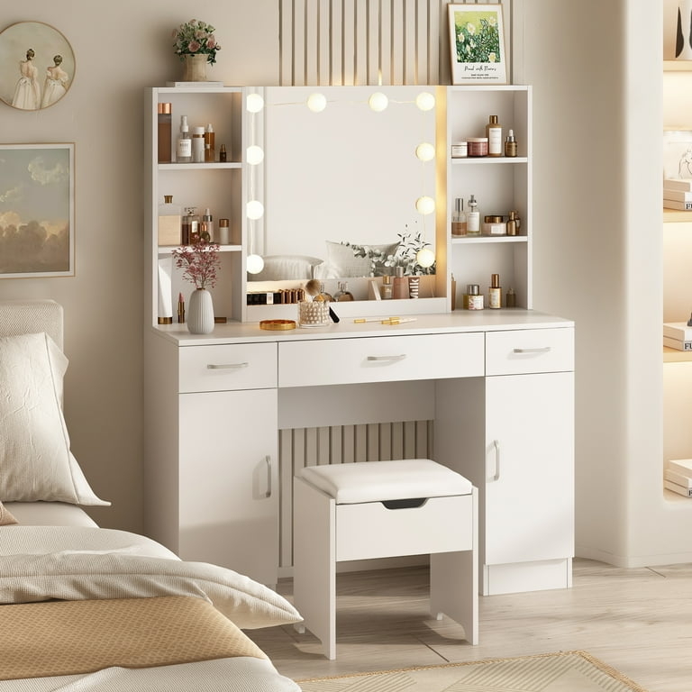 Modern Vanity Set with Hollywood Mirror, Vertical Shelves & Stool