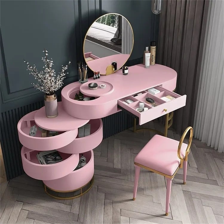 Modern Vanity Set with Oval Tabletop and Rotating Circular Drawers