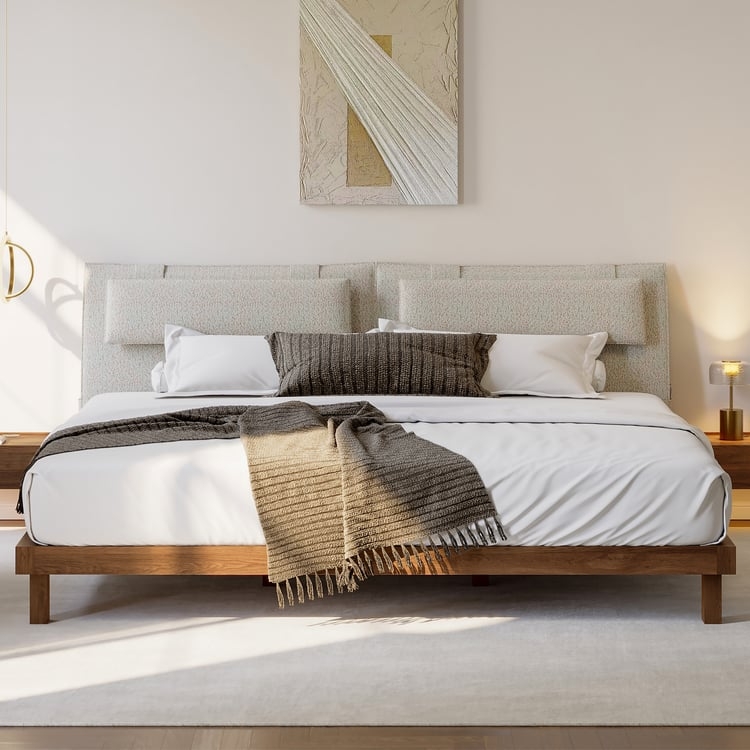 Modern Walnut Platform Bed with Textured Pillow-Back Headboard