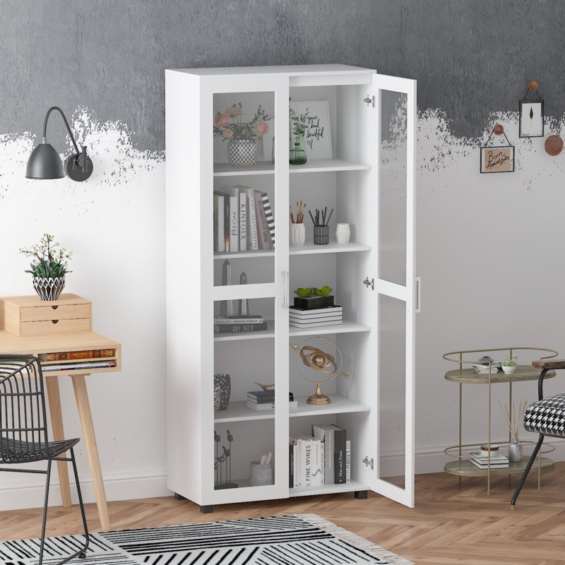 Modern White Bookcase with Full Glass Doors and Vertical Handles