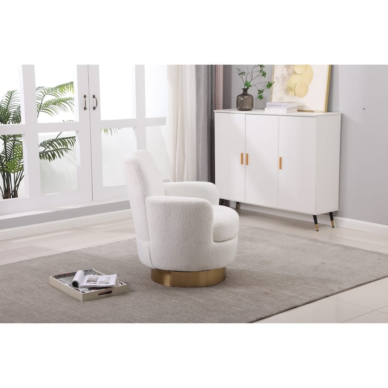 Modern White Boucle Swivel Chair with Track Arms and Metal Base