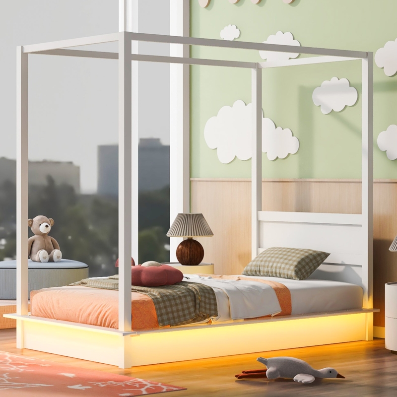 Modern White Canopy Bed with Integrated LED Underglow and Low Profile