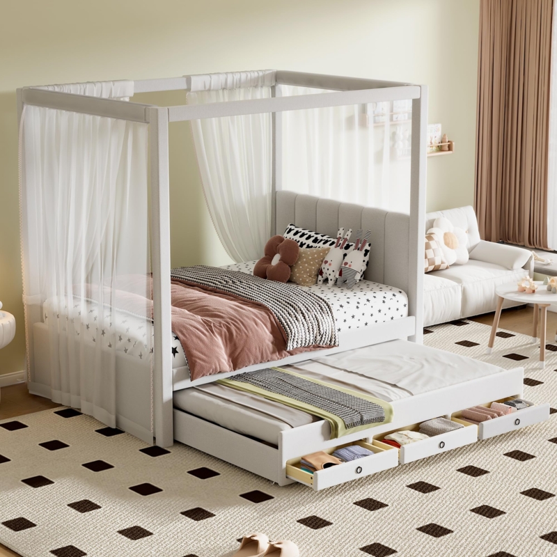 Modern White Canopy Bed with Vertical Channel Tufting and Trundle