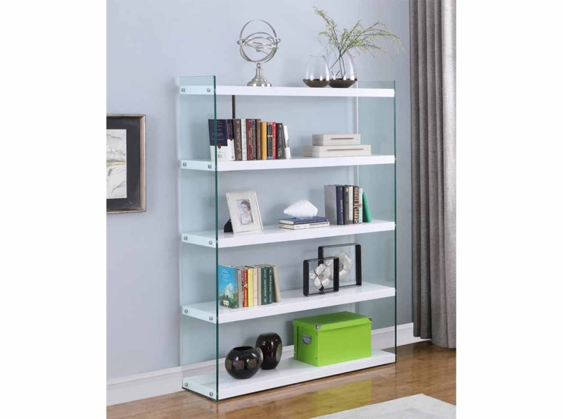 Modern White Glossy Bookcase with Tempered Glass Side Panels