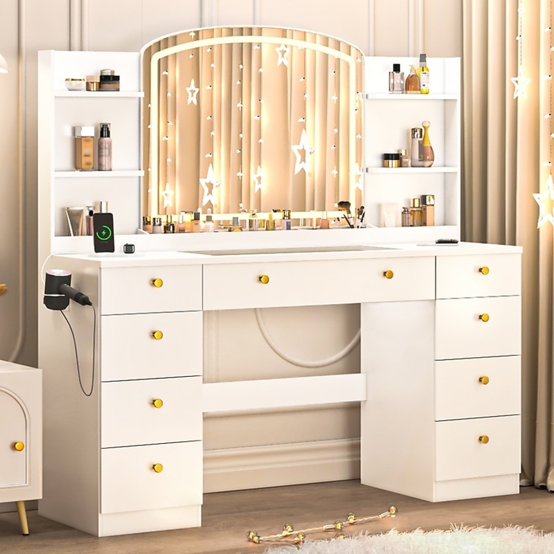Modern White Makeup Vanity Arched LED Mirror Hair Dryer Holder