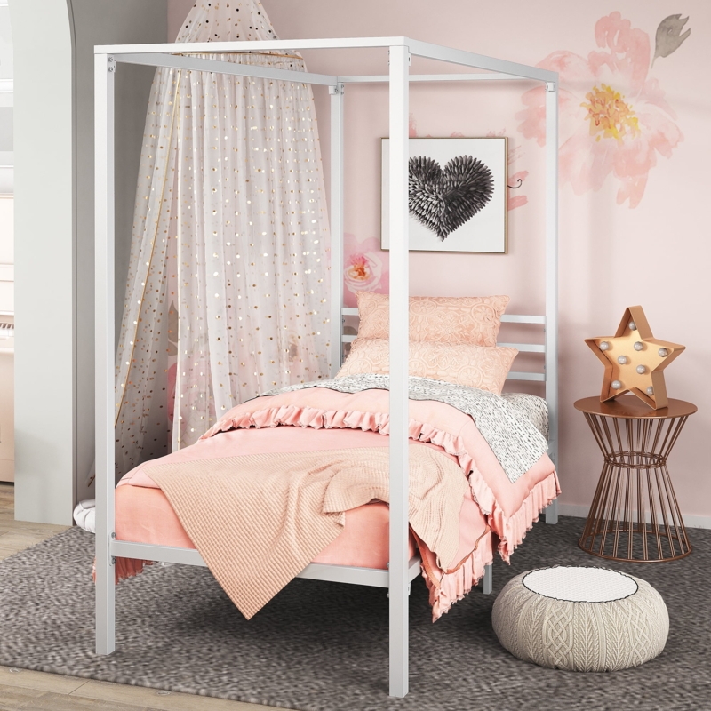 Modern White Metal Canopy Bed Frame, Twin Size Platform Style