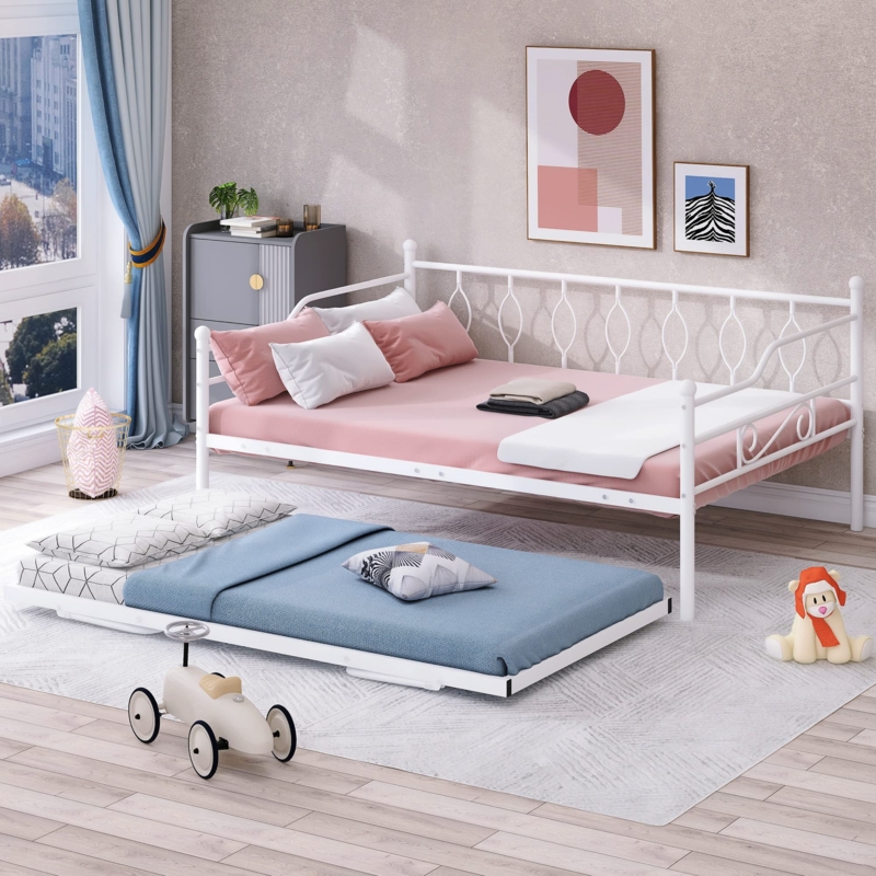 Modern White Metal Daybed with Trundle and Geometric Open Frame
