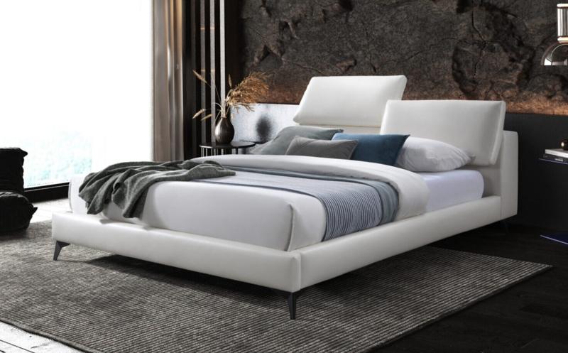Modern White Platform Bed Styling with Glossy Adjustable Headrests.