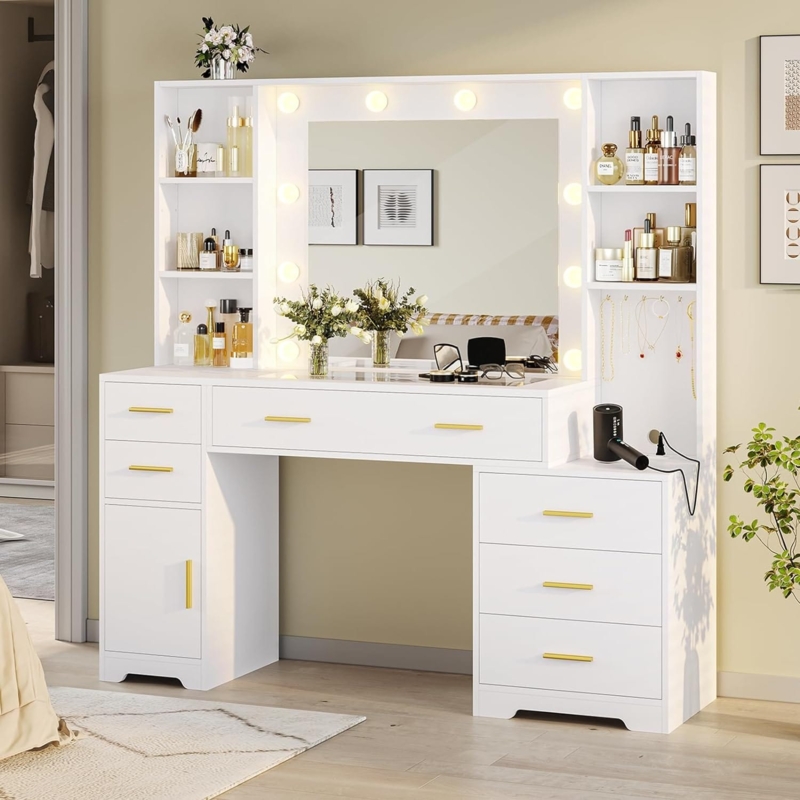 Modern White Vanity Desk with Sliding Lighted Mirror and Gold Legs