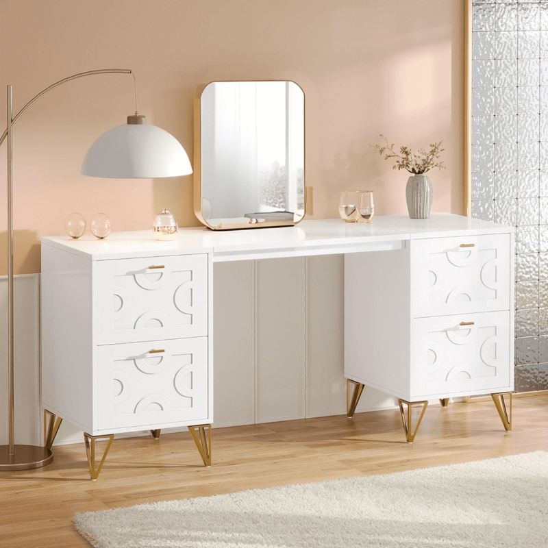 Modern White Vanity with Gold X-Frame Legs and Four Drawers