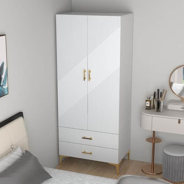 Modern White Wardrobe Cabinet with Diagonal Ribbed Pattern Doors