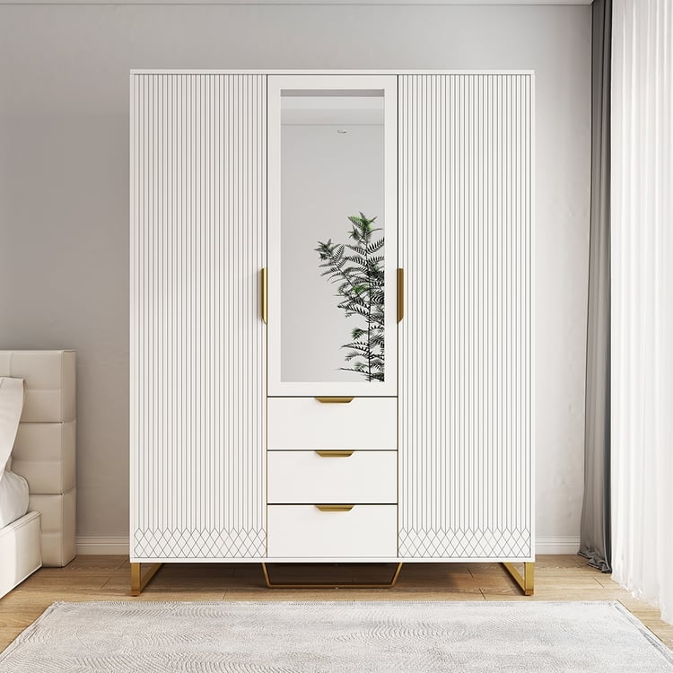 Modern White Wardrobe with Vertical Ribbing and Gold Base