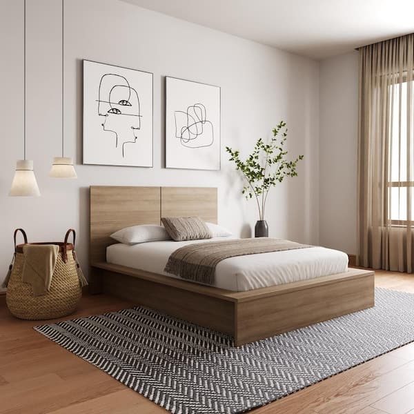 Modern Wood Toned Platform Bed with Integrated Headboard, Low Profile