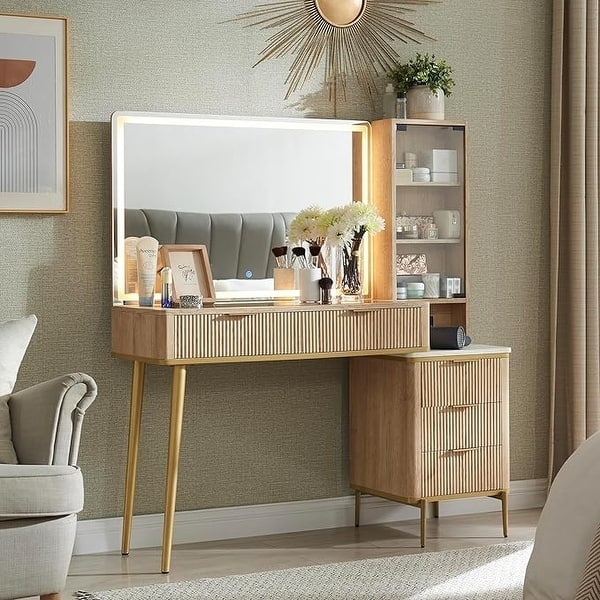 Modern Wood Vanity with Ribbed Drawers, Lighted Mirror & Gold Legs