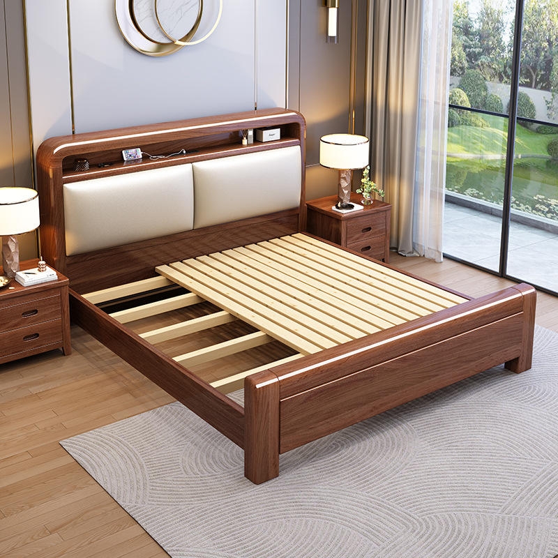 Modern Wooden Bed Frame with Extendable Slats and Storage Headboard.