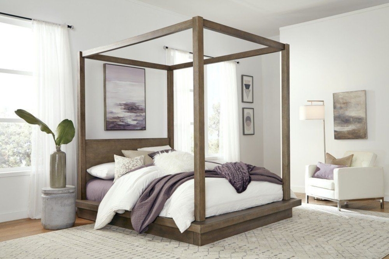 Modern Wooden Canopy Bed with Platform Plinth in Dark Pine Tone