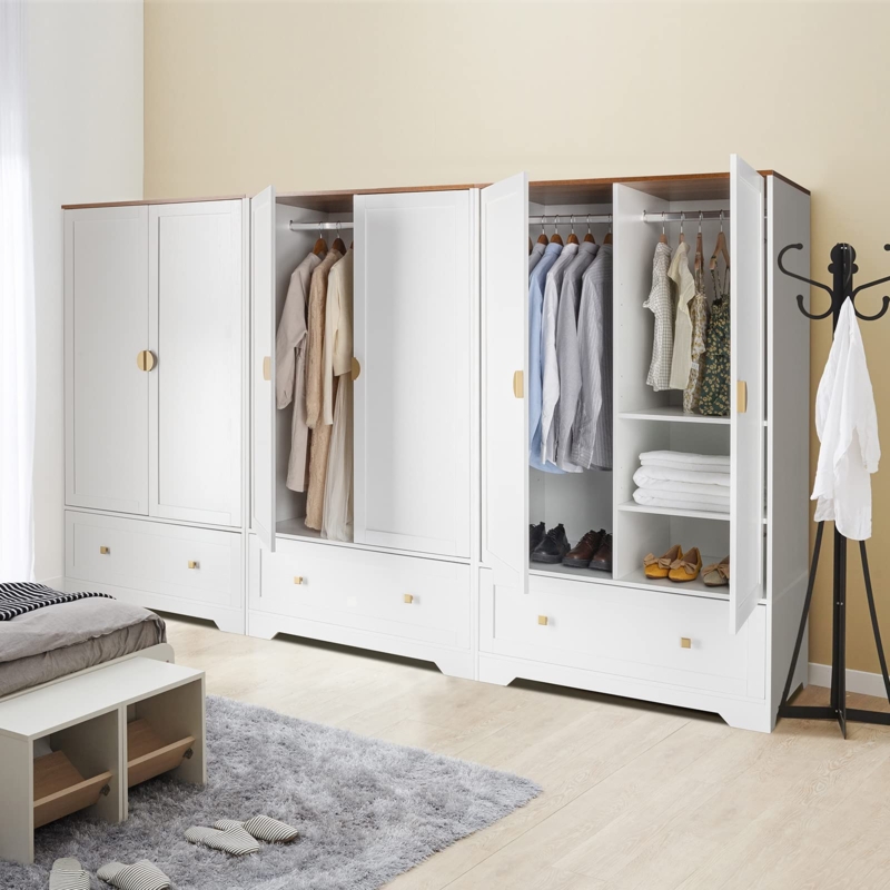 Modular Armoire Closet Set with Gold Knobs, Wood Top Contrast.