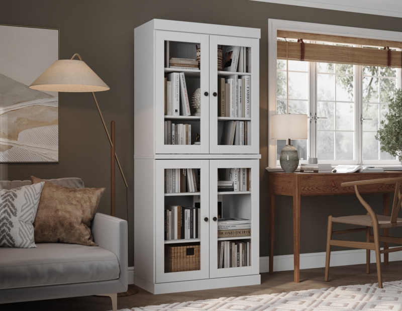 Modular Bookcase in White with Four Glass Doors and Storage