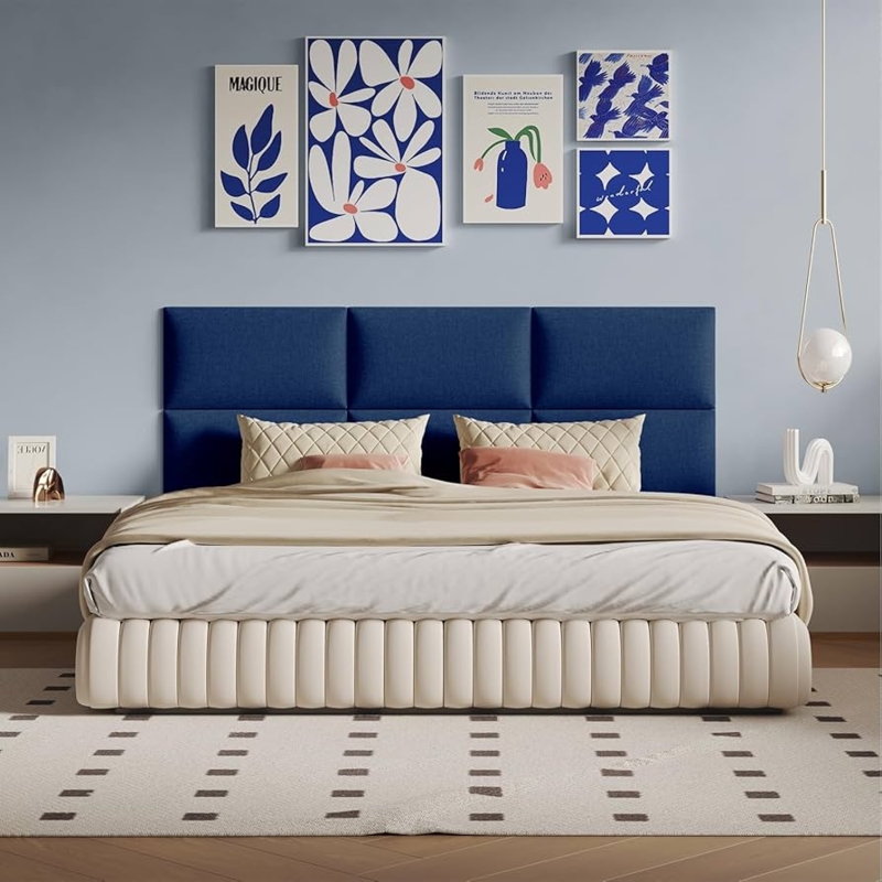 Modular Headboard Coastal Blue Linen-like Panels Channel Tufting