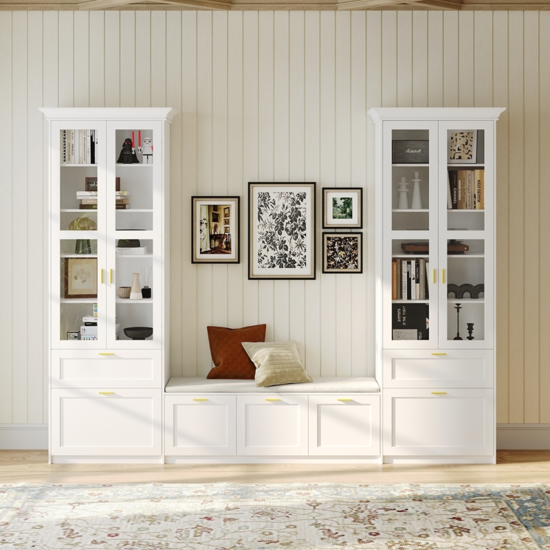 Modular Light Wood Storage Set with Glass Cabinets and Bench