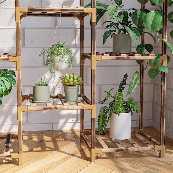 Modular Plant Stand with Tan Connectors Slatted Wood Tiers