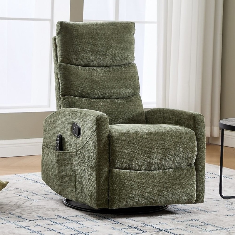 Moss Green Chenille Swivel Recliner with Tiered Back