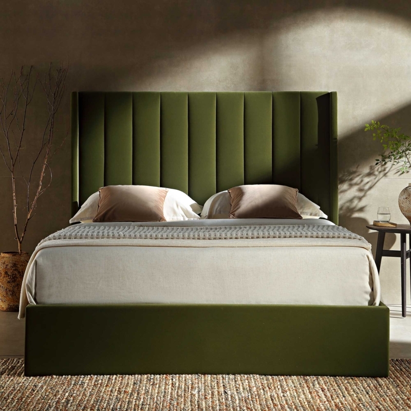 Moss Green Storage Bed Tall Wingback Channel Headboard