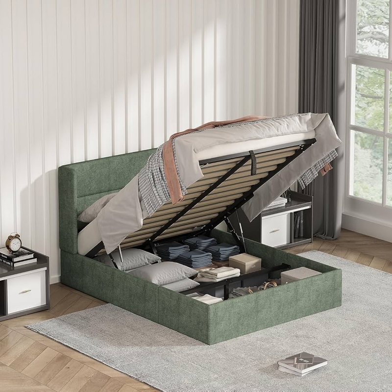 Moss Green Upholstered Storage Bed with Hydraulic Lift System