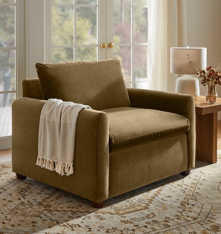 Moss Green Velvet-Like Chair And A Half with Track Arms