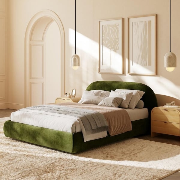 Moss Green Velvet Platform Bed Low Profile Curved Headboard