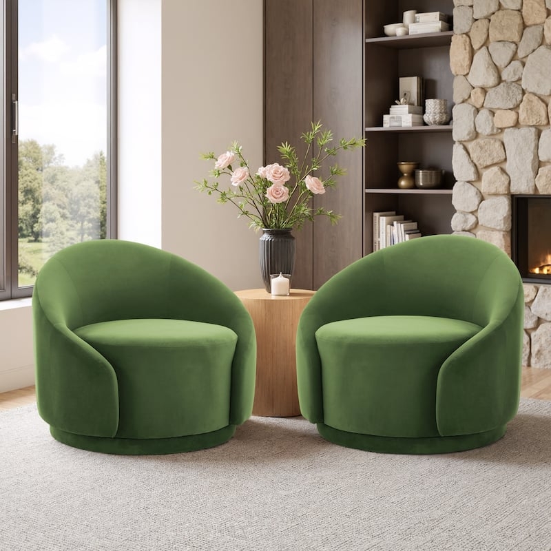 Moss Green Velvet Swivel Barrel Chairs with Curved Back Silhouette
